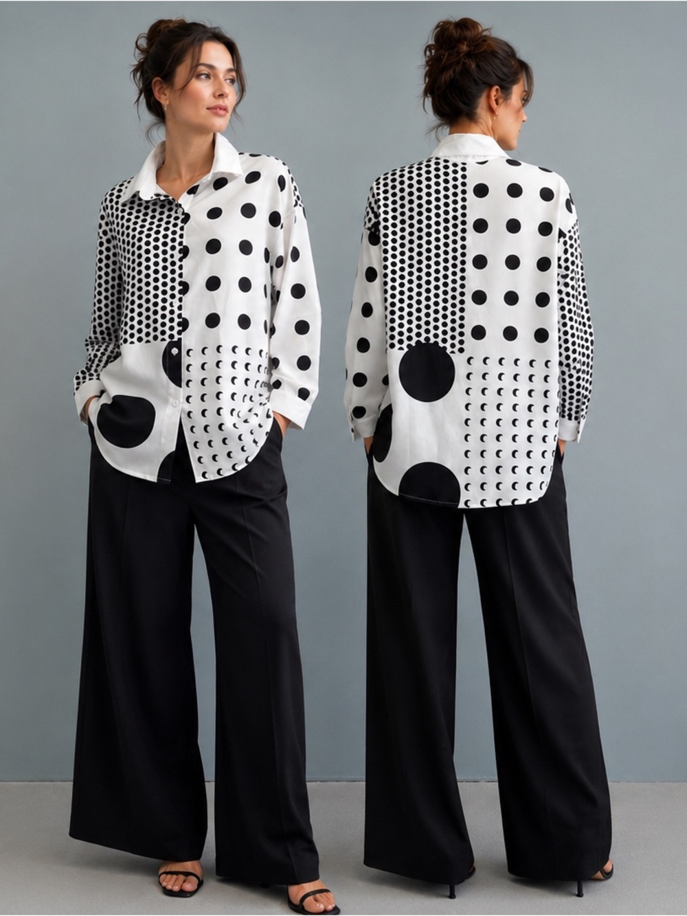 Noracora Button Down Polka Dot black and white Shirt size oversized small